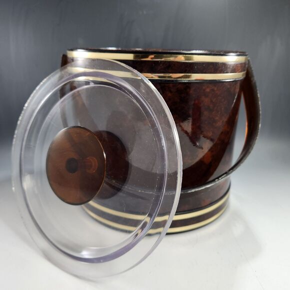 Georges Briard Ice Bucket Lucite Handle Tongs Gold Trim Faux Tortoise Shell MCM - Picture 5 of 10